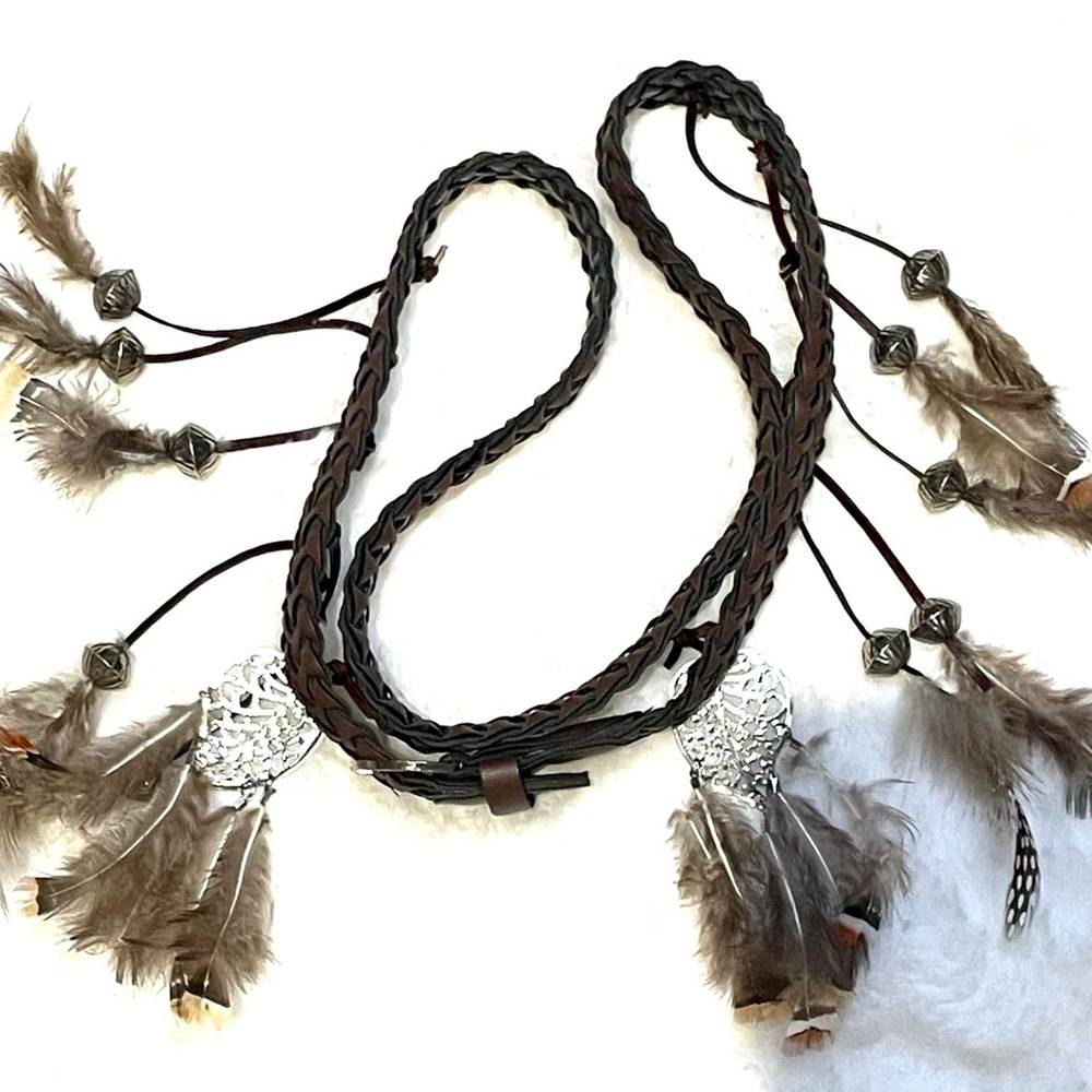 Brown and Silver Tribal-Inspired belt with Feathers